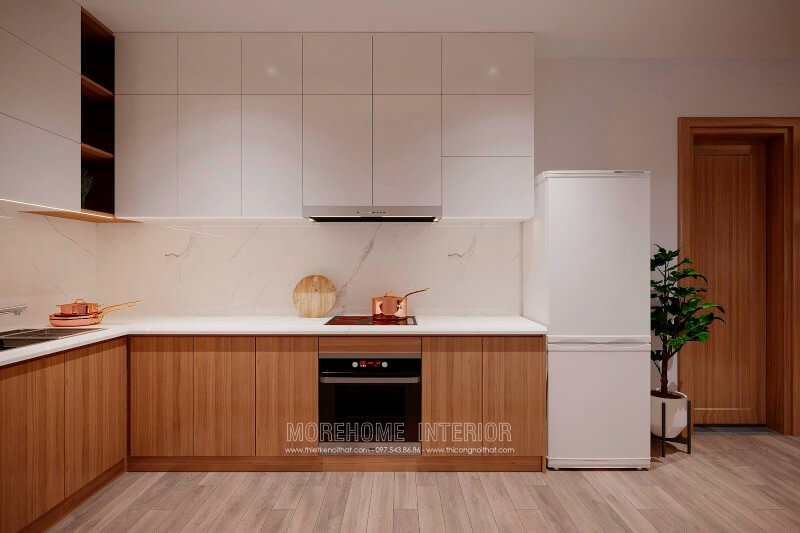 Lựa chọn tủ bếp hiện đại chất liệu gỗ công nghiệp màu trắng chủ đạo dễ dàng mang lại không gian rộng rãi, sạch sẽ, phù hợp với không gian có diện tích nhỏ hẹp như chung cư, nhà phố... Tủ bếp đẹp, tủ bếp đẹp hiện đại, tủ bếp An Cường, tủ bếp cao cấp